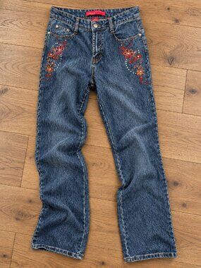 Cosmopolitan Jeans, Bootcut, Vintage Y2K, Boho Floral Embroidered, Size 6